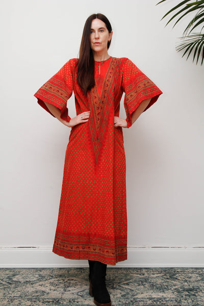 Rare Vintage Indian Block Print Maxi Dress , 70's Red Angel Sleeve Bohemian
