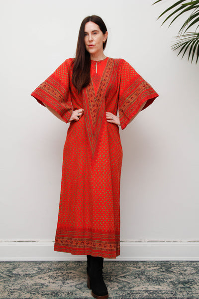Rare Vintage Indian Block Print Maxi Dress , 70's Red Angel Sleeve Bohemian