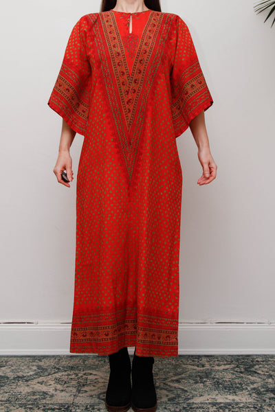 Rare Vintage Indian Block Print Maxi Dress , 70's Red Angel Sleeve Bohemian
