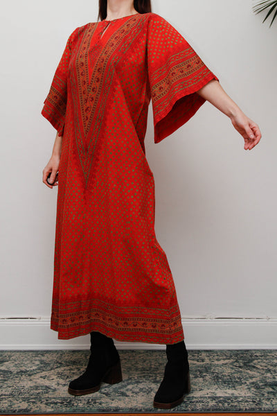 Rare Vintage Indian Block Print Maxi Dress , 70's Red Angel Sleeve Bohemian