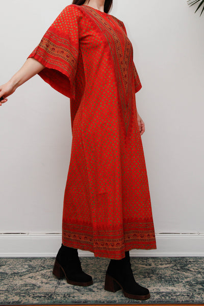 Rare Vintage Indian Block Print Maxi Dress , 70's Red Angel Sleeve Bohemian