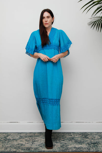 Vintage Mexican Cotton Maxi Dress - Azure Blue Lace Bohemian