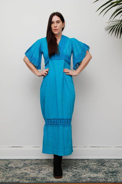 Vintage Mexican Cotton Maxi Dress - Azure Blue Lace Bohemian