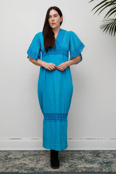 Vintage Mexican Cotton Maxi Dress - Azure Blue Lace Bohemian