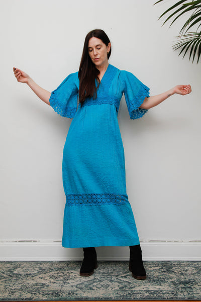 Vintage Mexican Cotton Maxi Dress - Azure Blue Lace Bohemian