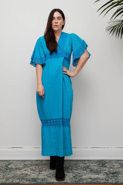 Vintage Mexican Cotton Maxi Dress - Azure Blue Lace Bohemian