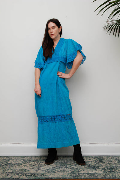 Vintage Mexican Cotton Maxi Dress - Azure Blue Lace Bohemian