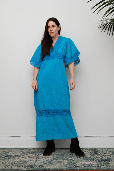 Vintage Mexican Cotton Maxi Dress - Azure Blue Lace Bohemian