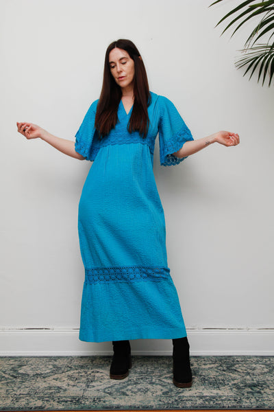 Vintage Mexican Cotton Maxi Dress - Azure Blue Lace Bohemian