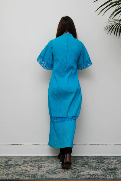 Vintage Mexican Cotton Maxi Dress - Azure Blue Lace Bohemian
