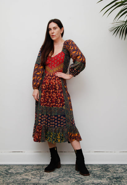 Rare Vintage Indian Block Print Cotton Dress - Navy Bohemian Floral Maxi