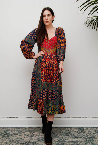 Rare Vintage Indian Block Print Cotton Dress - Navy Bohemian Floral Maxi