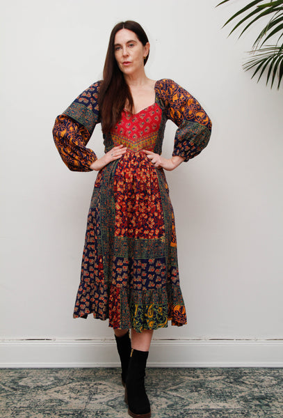 Rare Vintage Indian Block Print Cotton Dress - Navy Bohemian Floral Maxi