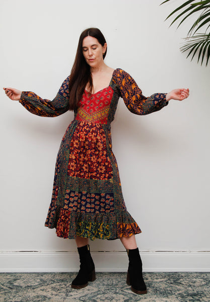 Rare Vintage Indian Block Print Cotton Dress - Navy Bohemian Floral Maxi