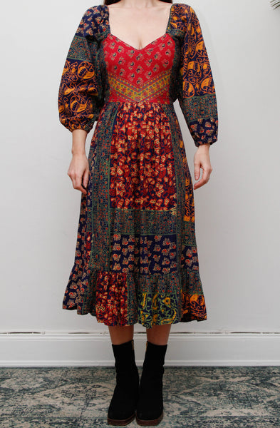 Rare Vintage Indian Block Print Cotton Dress - Navy Bohemian Floral Maxi