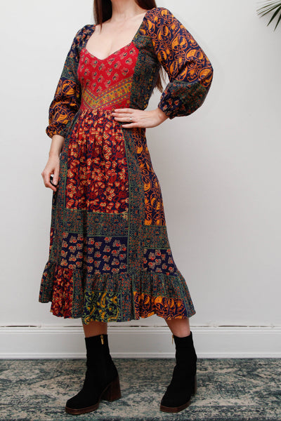 Rare Vintage Indian Block Print Cotton Dress - Navy Bohemian Floral Maxi