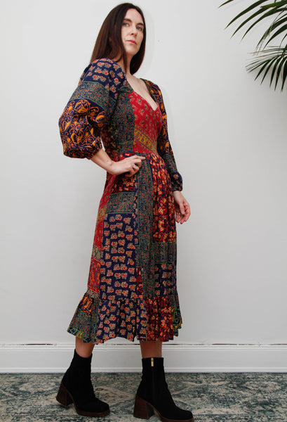 Rare Vintage Indian Block Print Cotton Dress - Navy Bohemian Floral Maxi