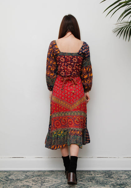 Rare Vintage Indian Block Print Cotton Dress - Navy Bohemian Floral Maxi