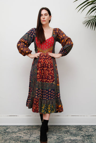 Rare Vintage Indian Block Print Cotton Dress - Navy Bohemian Floral Maxi