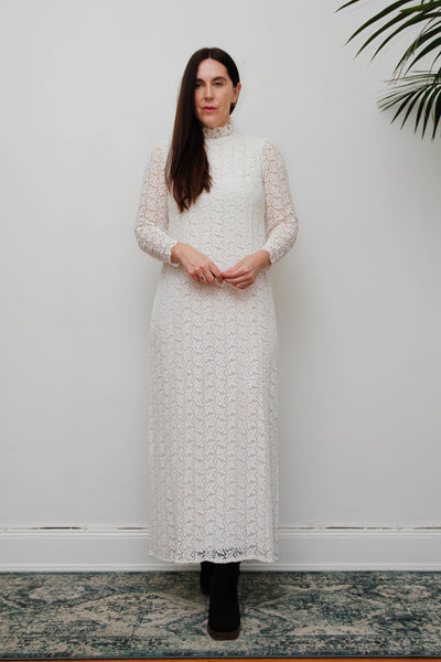 Original 1960s Vintage Lace Dress - White Victorian High Neck Bohemian