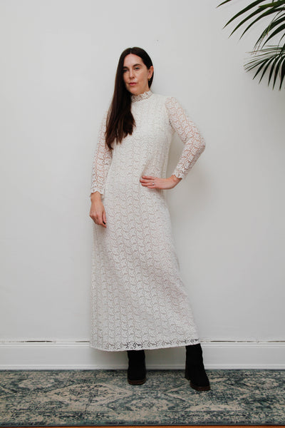 Original 1960s Vintage Lace Dress - White Victorian High Neck Bohemian