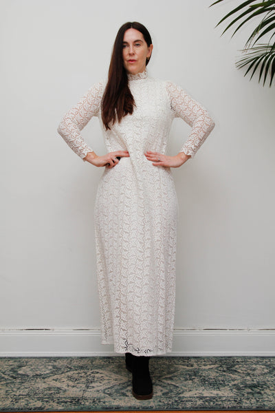 Original 1960s Vintage Lace Dress - White Victorian High Neck Bohemian
