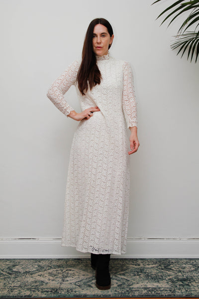 Original 1960s Vintage Lace Dress - White Victorian High Neck Bohemian
