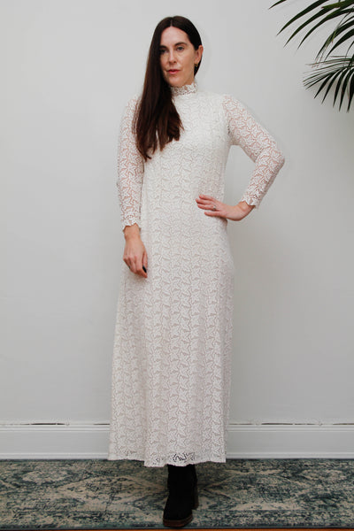 Original 1960s Vintage Lace Dress - White Victorian High Neck Bohemian