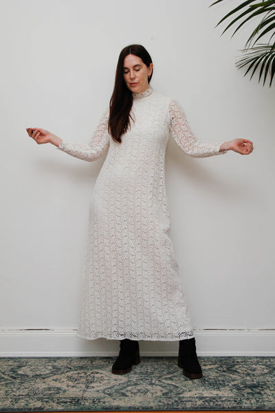 Original 1960s Vintage Lace Dress - White Victorian High Neck Bohemian