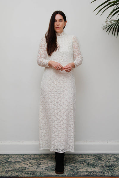 Original 1960s Vintage Lace Dress - White Victorian High Neck Bohemian
