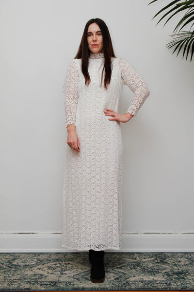Original 1960s Vintage Lace Dress - White Victorian High Neck Bohemian