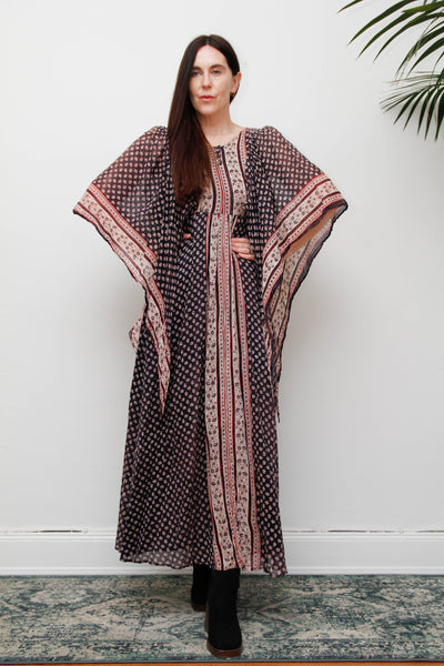 Rare Vintage Indian Cotton Gauze Dress , Floral Kaftan Sleeve Bohemian