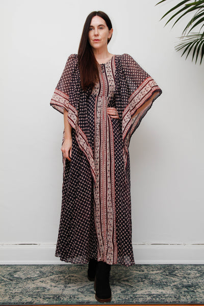 Rare Vintage Indian Cotton Gauze Dress , Floral Kaftan Sleeve Bohemian