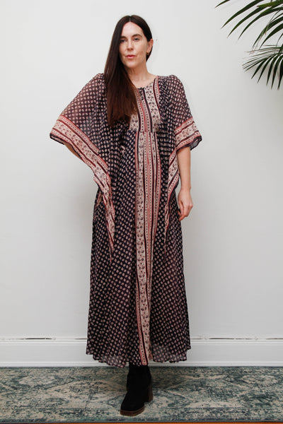 Rare Vintage Indian Cotton Gauze Dress , Floral Kaftan Sleeve Bohemian
