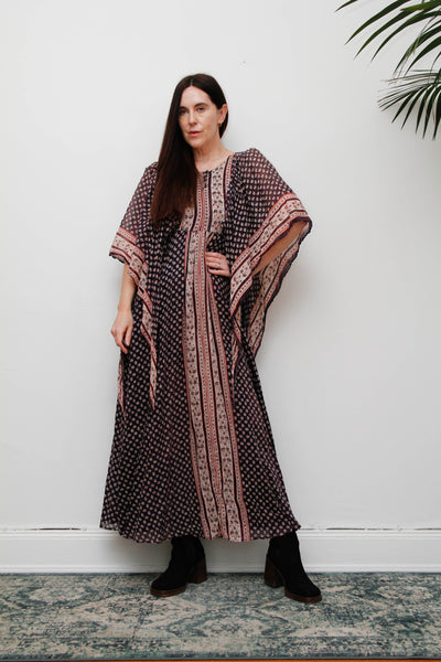 Rare Vintage Indian Cotton Gauze Dress , Floral Kaftan Sleeve Bohemian