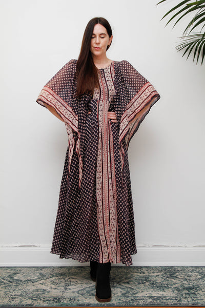 Rare Vintage Indian Cotton Gauze Dress , Floral Kaftan Sleeve Bohemian