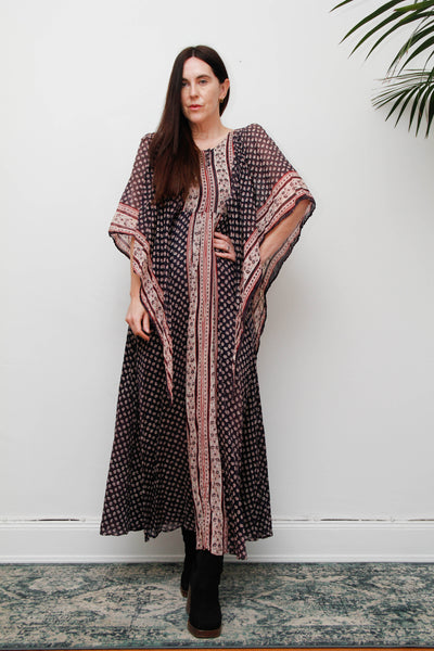 Rare Vintage Indian Cotton Gauze Dress , Floral Kaftan Sleeve Bohemian