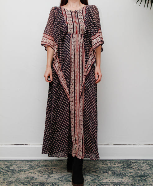 Rare Vintage Indian Cotton Gauze Dress , Floral Kaftan Sleeve Bohemian