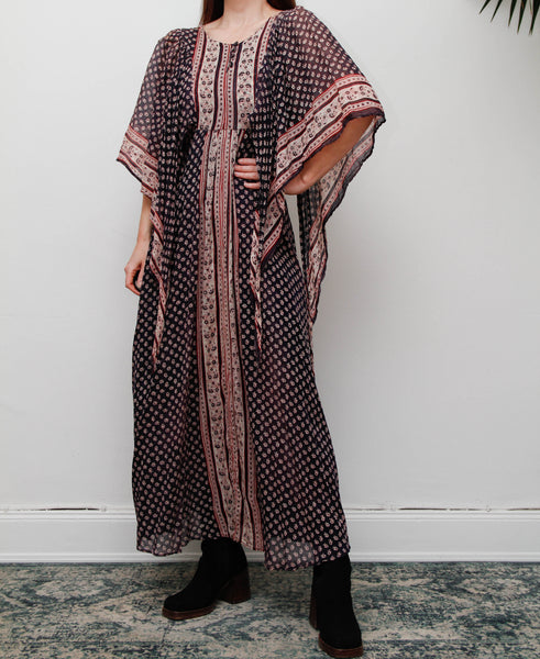 Rare Vintage Indian Cotton Gauze Dress , Floral Kaftan Sleeve Bohemian