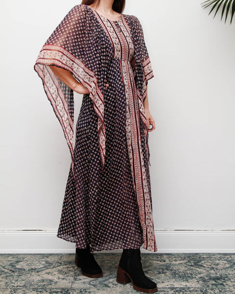 Rare Vintage Indian Cotton Gauze Dress , Floral Kaftan Sleeve Bohemian