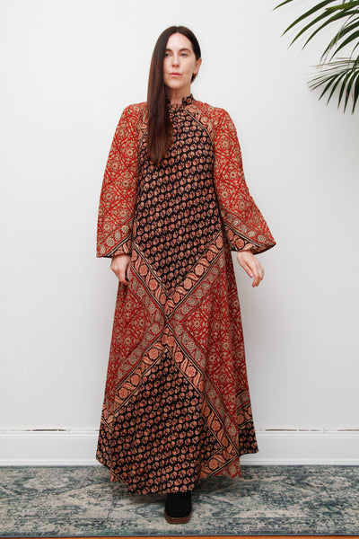 Vintage Indian Block Print Maxi Dress, Angel Sleeve Cotton Bohemian Dress