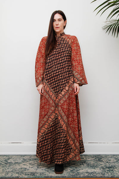 Vintage Indian Block Print Maxi Dress, Angel Sleeve Cotton Bohemian Dress