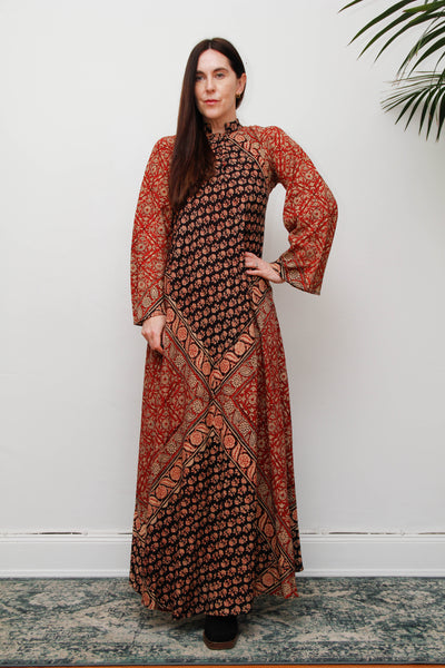 Vintage Indian Block Print Maxi Dress, Angel Sleeve Cotton Bohemian Dress