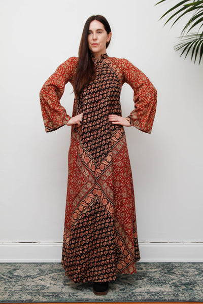 Vintage Indian Block Print Maxi Dress, Angel Sleeve Cotton Bohemian Dress