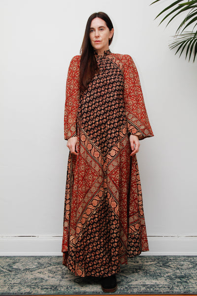 Vintage Indian Block Print Maxi Dress, Angel Sleeve Cotton Bohemian Dress