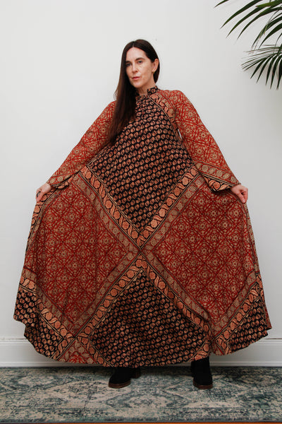 Vintage Indian Block Print Maxi Dress, Angel Sleeve Cotton Bohemian Dress