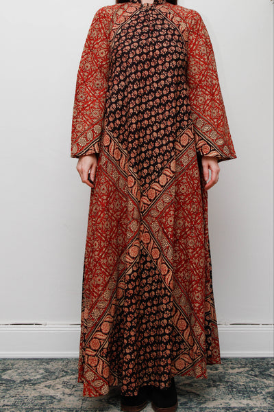 Vintage Indian Block Print Maxi Dress, Angel Sleeve Cotton Bohemian Dress