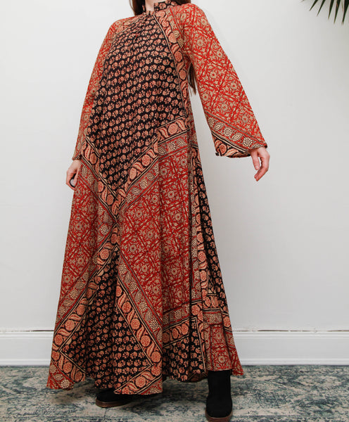 Vintage Indian Block Print Maxi Dress, Angel Sleeve Cotton Bohemian Dress