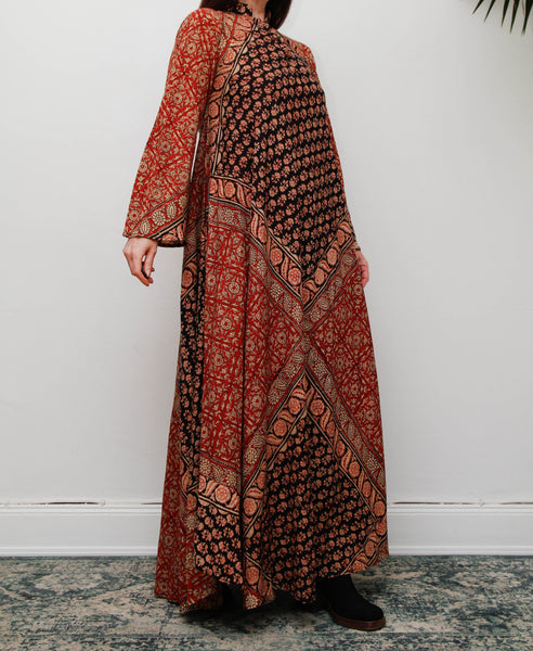 Vintage Indian Block Print Maxi Dress, Angel Sleeve Cotton Bohemian Dress