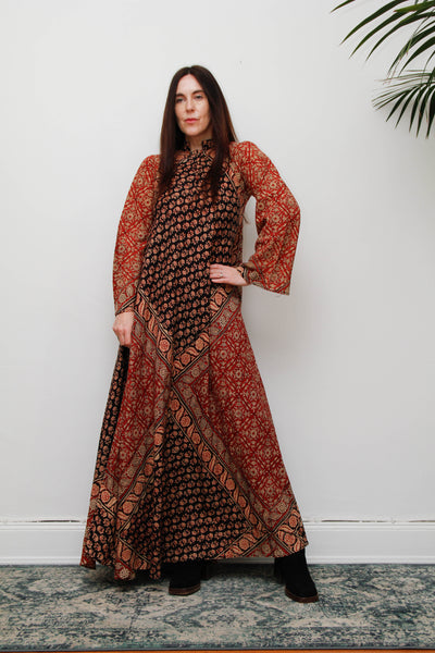 Vintage Indian Block Print Maxi Dress, Angel Sleeve Cotton Bohemian Dress